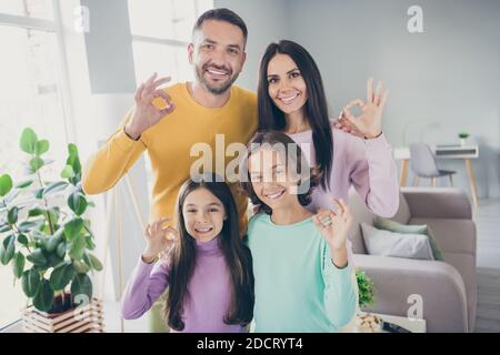 Photo of full big family four members two small kids show okey look camera wear colorful sweater in living room indoors Stock Photo