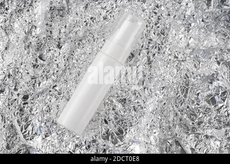 Beauty treatment skincare and cosmetic lotion cream mockup bottle packaging product flat lay. Mock up white spray for moisturizer, facial cleanser Stock Photo