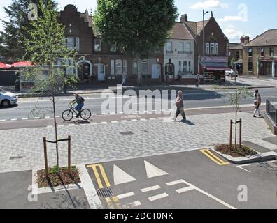Newly remodelled junction on Lea Bridge Road, London, UK. Part of Waltham Forest's Mini Holland scheme for safer streets and new cycle lanes Stock Photo