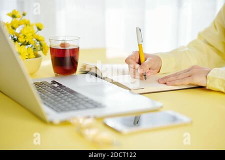 Student watching webinar on laptop Stock Photo