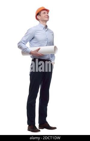 in full growth. smiling architect with a roll of drawings Stock Photo