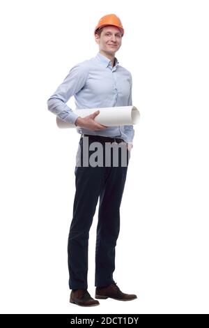 in full growth. smiling architect with a roll of drawings Stock Photo