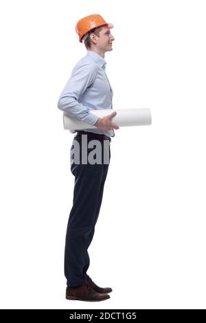smiling architect with a roll of drawings looking ahead Stock Photo