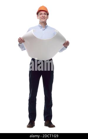 architect reading a new drawing. isolated on a white Stock Photo