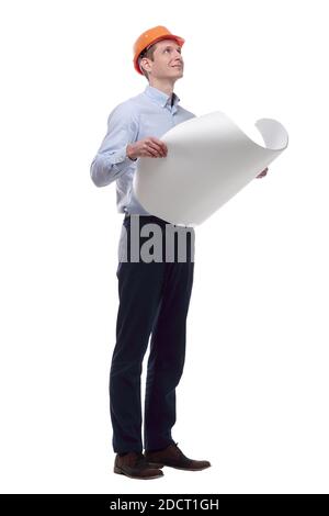 architect reading a new drawing. isolated on a white Stock Photo