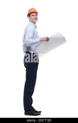 qualified architect with a new drawing. isolated on a white Stock Photo