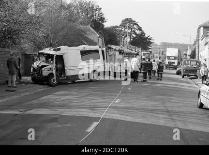 An archive black and white image of a road traffic collision involving a Dorset ambulance on West Street in Wilton, Salisbury Wiltshire. Circa 1990. Stock Photo