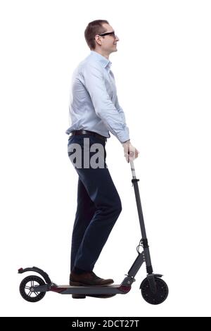 side view. casual man with electric scooter looking at you Stock Photo