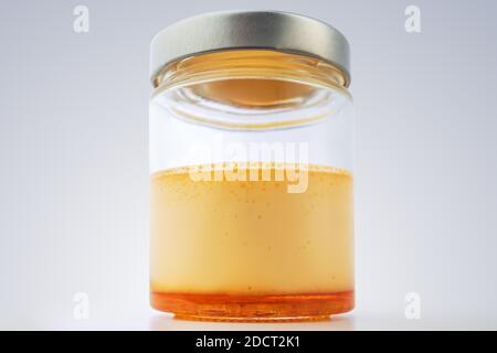 Cream caramel in a jar isolated on white background Stock Photo