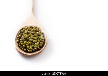 Green soy beans on wooden spoon isolated on white background Stock Photo