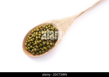 Green soy beans on wooden spoon isolated on white background Stock Photo