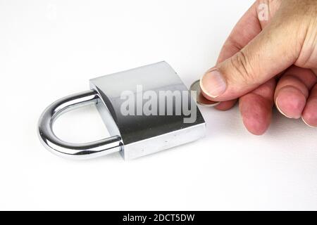 closeup on hardened steel padlock on white background Stock Photo
