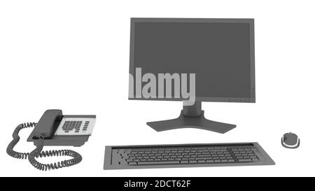 3D render Workspace with computer with blank white screen Stock Photo
