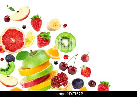Mixed fruits on white background. Falling fruits. Stock Photo