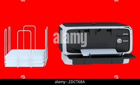 photocopier or scanner and plain white paper stand isolated on red background, 3d render. Stock Photo