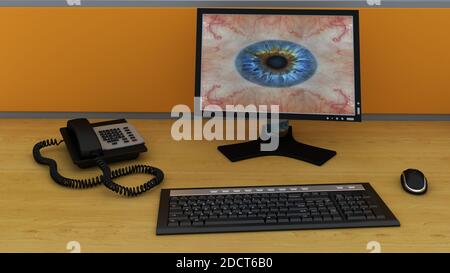 desktop, keyboard and mouse with telephone isolated on desk. 3d rendered Stock Photo