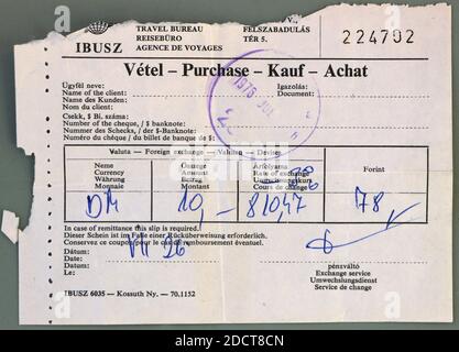 Photo of a Receipt for foreign exchange of 10 Deutsche marks for 78 Hungarian Forints July 1976 Stock Photo