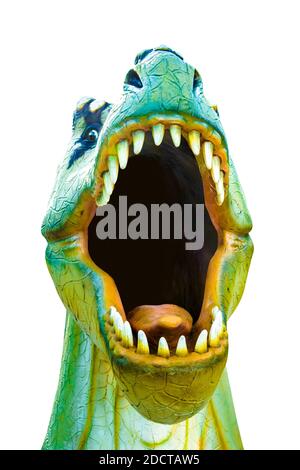 Model of dinosaur with open mouth closeup. Isolated on white background. Clipping Path included. Stock Photo