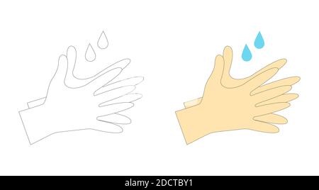 Hand wash vector icons set in flat outline and colorful filled style isolated. Hand disinfection symbol Stock Vector