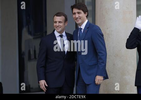 French President Emmanuel Macron greets Canada's President Justin Trudeau in Palais de l'Elysee, Paris, France on April 16th, 2018. Photo by Henri Szwarc/ABACAPRESS.COM Stock Photo