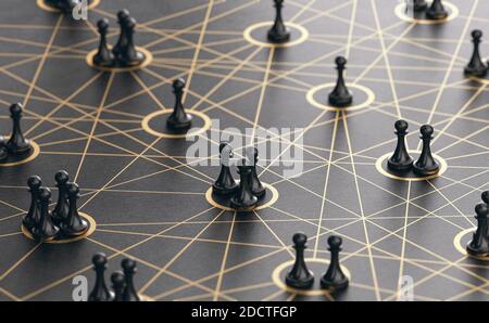 3D illustration of pawns linked together by many golden lines over black background. Social connections concept. Stock Photo