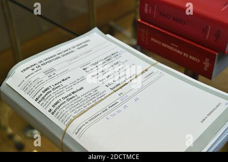 French civil code book with papers related to the trial between Johnny Hallyday's children, Laura Smet and David Hallyday against the singer's widow, at the Nanterre Regional courthouse in Nanterre, near Paris, on March 30, 2018. The Nanterre court was to consider an interim injunction filed by Johnny Hallyday's children over a posthumous album on March 30. Photo by Eliot Blondet/ABACAPRESS.COM Stock Photo