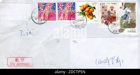 GOMEL, BELARUS - MARCH 26, 2020: Old envelope which was dispatched from China to Gomel, Belarus, March 26, 2020. Stock Photo