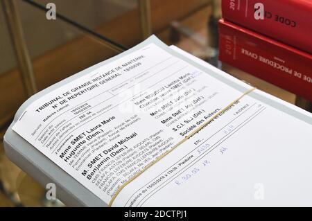 French civil code book with papers related to the trial between Johnny Hallyday's children, Laura Smet and David Hallyday against the singer's widow, at the Nanterre Regional courthouse in Nanterre, near Paris, on March 30, 2018. The Nanterre court was to consider an interim injunction filed by Johnny Hallyday's children over a posthumous album on March 30. Photo by Eliot Blondet/ABACAPRESS.COM Stock Photo