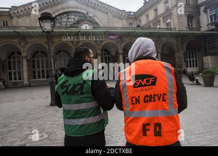 French national railways strike at the Gare de lEst Train Station in Paris, France, 03 April 2018. Railways labor unions have called for a three-month national strike to defend their rights as French President Emmanuel Macron is pursuing his labor market reforms. Photo by Eliot Blondet/ABACAPRESS.COM Stock Photo