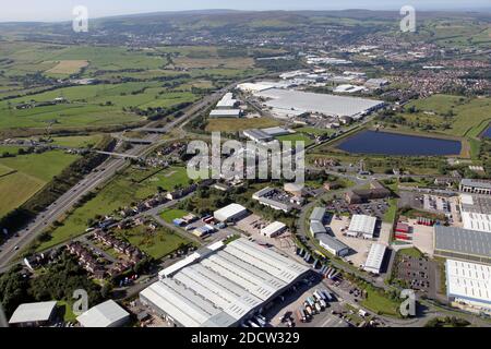 aerial view form Shadsworth near Blackburn towards junction 5 of the M65 motorway with the Walker Industrial Estate in the background Stock Photo