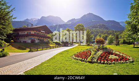 Bavarian Alpine landscape near Koenigsee and old wooden architecture view, Berchtesgadener Land, Bavaria, Germany Stock Photo