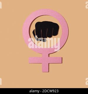 the women power symbol, a raised fist in a female gender symbol, made with cutouts of paper of different colors on a salmon pink background Stock Photo