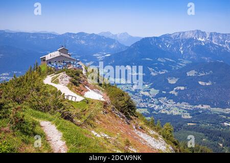 Eagle's Nest or Kehlsteinhaus hideout on the rock above Alpine landscape view, Berchtesgadener Land, Bavaria, Germany Stock Photo