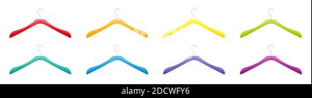 Colored plastic clothes hanger collection, different colors, red, orange, yellow, green, blue, purple set - illustration on white background. Stock Photo