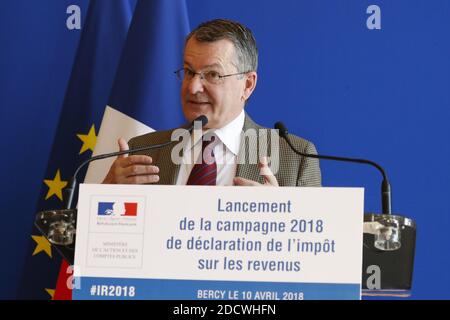 Head of DGFIP Bruno Parent during a press conference for the launching of the 2018 campaign for the withholding taxes in the Economy and Finance Ministry of Bercy, Paris, France on April 10th, 2018. Photo by Henri Szwarc/ABACAPRESS.COM Stock Photo