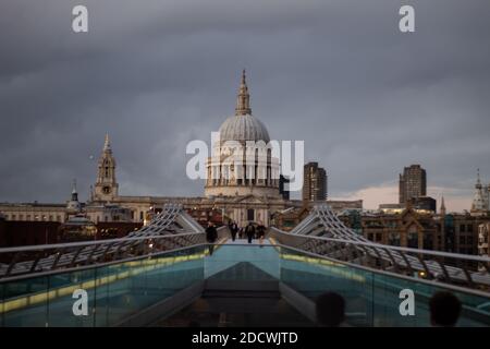 St Paul Cathedral from the Millennial Bridge under cloudy sky Stock Photo