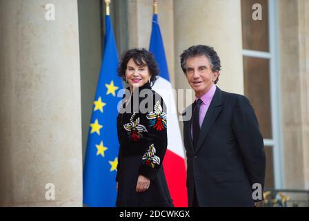 Jack Lang and his wife Monique Buczynski at Elysee Palace on April 10, 2018. Photo by Eliot Blondet/ABACAPRESS.COM Stock Photo