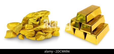 Stack 6 gold bar 1 kg and a group of the precious golds nugget  on white background Stock Photo