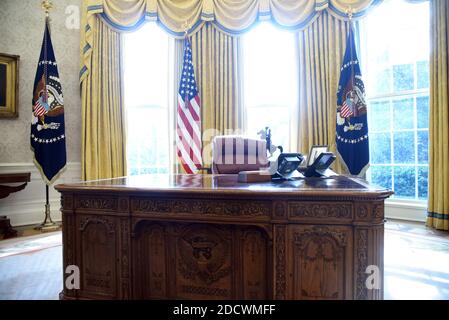 The Resolute desk is seen in the Oval Office of the White House March ...