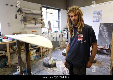 Custom surfboard builder in his workshop ,Newquay , Cornwall, England Stock Photo