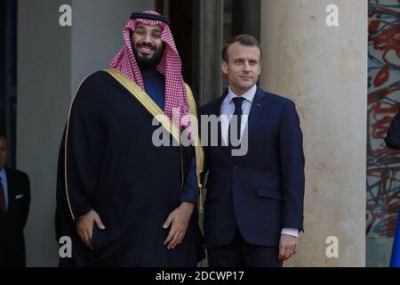 French President Emmanuel Macron receiving Saudi Arabia's Crown Prince Mohammed Ben Salman in Elysee Palace, Paris, France on April 10th, 2018. Photo by Henri Szwarc/ABACAPRESS.COM Stock Photo