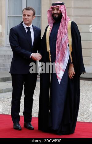 French President Emmanuel Macron receiving Saudi Arabia's Crown Prince Mohammed Ben Salman in Elysee Palace, Paris, France on April 10th, 2018. Photo by Henri Szwarc/ABACAPRESS.COM Stock Photo