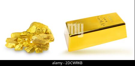 Stack 6 gold bar 1 kg and a group of the precious golds nugget  on white background Stock Photo
