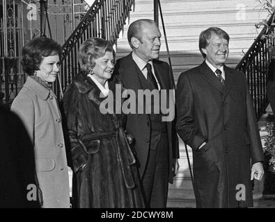 United States President Gerald R. Ford, right center, and first lady Betty Ford, left center, welcome US President-elect Jimmy Carter, right, and Rosalynn Carter, right, to the White House in Washington, D.C. on November 22, 1976. This is the first meeting between the two men since the Presidential debates during the campaign. Photo by Benjamin E. 'Gene' Forte / CNP/ABACAPRESS.COM Stock Photo