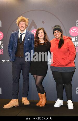 Geremy Credeville, Laura Domenge and Melha attending the 21st L'Alpe d'Huez Comedy Film Festival opening ceremony, France, on January 16, 2018. Photo by Mireille Ampilhac/ABACAPRESS.COM Stock Photo