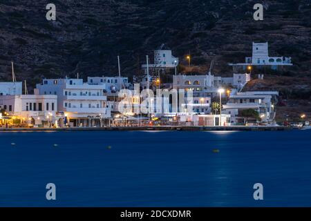 Chora, Ios Island, Greece- 19 September 2020: View of the Chora, old town at night. Beautiful illumination. Stock Photo