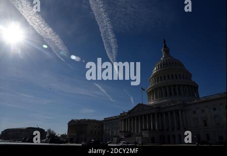 The U.S Capitol is seen January 20, 2018, after a short-term spending bill vote failed Friday night, sending the government into a shutdown on the one-year anniversary of President Trump's inauguration in Washington, DC. Photo by Olivier Douliery/Abaca Press Stock Photo