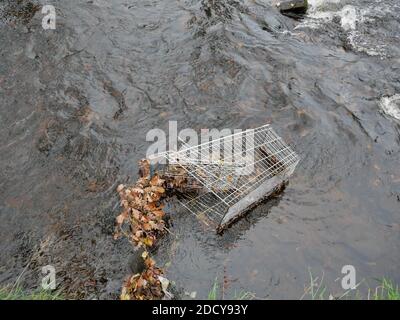 Silver shopping trolley with no wheels in river catching fallen leaves Stock Photo
