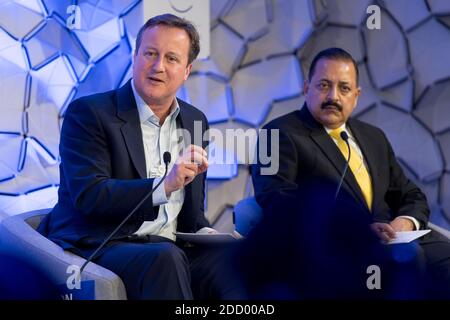 HANDOUT - David Cameron, Prime Minister of the United Kingdom (2010-2016); President, National Citizens Service Trust, United Kingdom, Jitendra Singh, Minister of State (Independent Charge), Ministry of Development of North Eastern Region of India speaking during the Session 'From Fragile Cities to Renewal' at the Annual Meeting 2018 of the World Economic Forum in Davos, January 23, 2018. Photo by Sandra Blaser /World Economic Forum via ABACAPRESS.COM Stock Photo