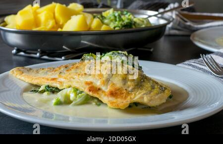 delicious fish dish with pike perch fillet, savoy vegetables, potatoes in a creamy beachamel sauce served on a kitchen table at home Stock Photo